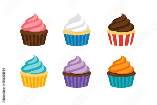 Set of Six Colorful Cupcake Icons with Swirl Frosting, Simple Flat Vector Illustration of Sweet Dessert Treats in Various Colors for Bakery, Party, Birthday, and Celebration Graphic Design Assets