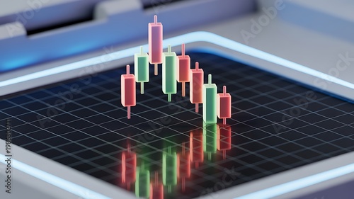 Stock market graph on a digital tablet screen with red and green candlestick chart illustrating financial trading and investment analysis with a grid background