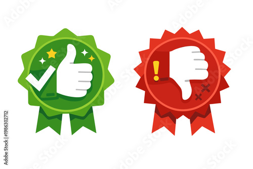 Vector Illustration of Pros and Cons Labels Featuring Thumbs Up and Thumbs Down Icons, Green and Red Badges for Positive and Negative Feedback, Approval and Disapproval Symbols for Quality Rating