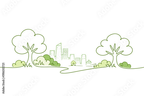 Continuous Line Drawing of Green Trees and Bushes with a Sustainable City Skyline in the Background, Minimalist Eco-Friendly Urban Landscape Illustration for Environmental and Low Carbon Concepts