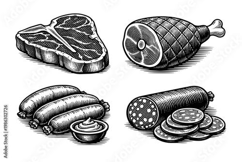 Vintage Woodcut Style Collection of Assorted Meat Products Featuring T-Bone Steak, Smoked Ham Leg, Grilled Sausages with Sauce, and Sliced Salami, Hand-Drawn Engraving Vector Illustration Set