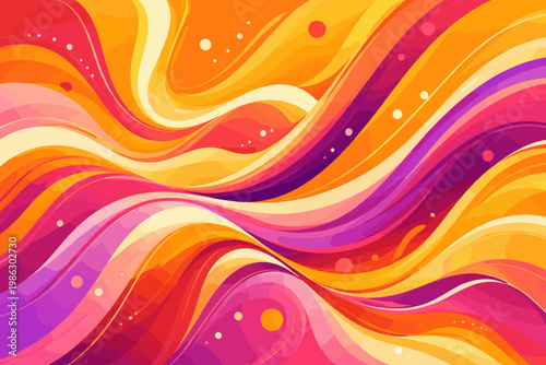 Vibrant Abstract Vector Background with Flowing Wavy Shapes in Warm Colors of Orange, Red, Pink, and Yellow; Modern Fluid Design with Colorful Dynamic Lines and Circles for Posters and Banners.