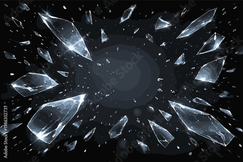 Shattered glass pieces flying in the air, realistic vector background with 3D ice shards and crystal fragments exploding from the center. Sharp broken glass bits and transparent debris on black.