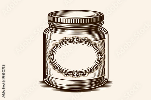 Vintage engraved illustration of a cosmetic cream jar with a screw cap and an ornate decorative label. Retro woodcut style glass bottle for skin care, ointment, or jam. Blank label for custom text.