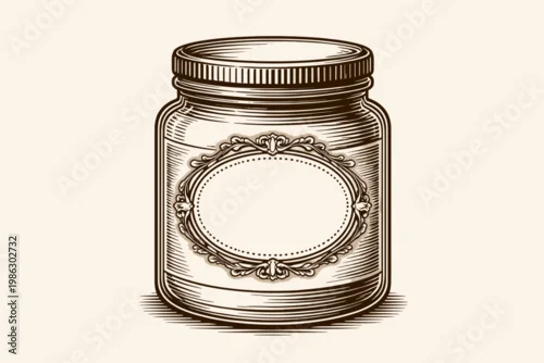 Obraz Vintage engraved illustration of a cosmetic cream jar with a screw cap and an ornate decorative label. Retro woodcut style glass bottle for skin care, ointment, or jam. Blank label for custom text.