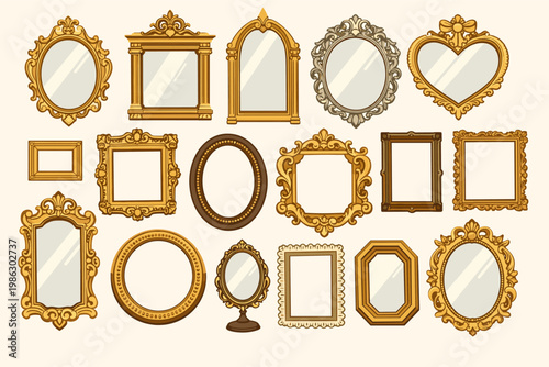 Collection of Vintage Picture Frames and Antique Decorative Mirrors in Victorian Retro Style. Set of Ornate Gold, Silver, and Wood Borders for Photos, Baroque and Rococo Design Elements.