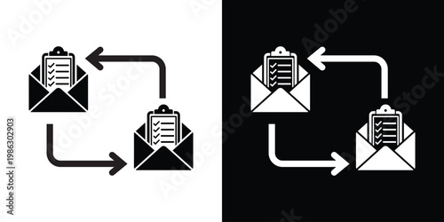 Icons of envelopes containing checklists with transfer arrows, representing automated email reporting, newsletter distribution, task notifications, and digital correspondence flow.
