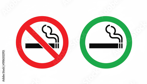 Cigarette smoking no sign icon with red prohibition circle and green allowed smoking circle for public health