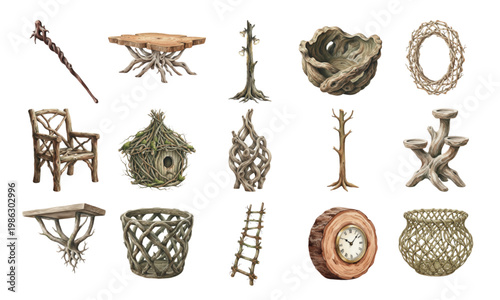 Set of rustic furniture and decor made from roots and branches