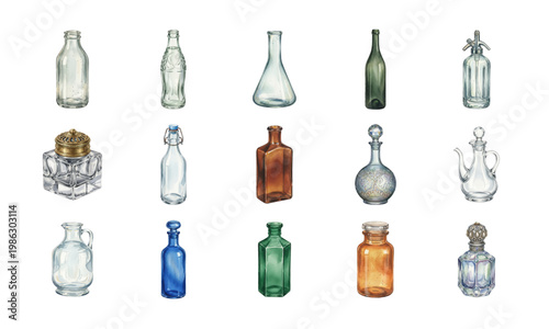 Set of vintage glass bottles from different eras isolated on white