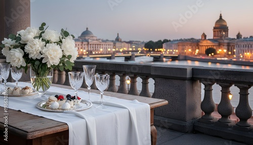 Table with peonies and sweets set for a festival in white nights at Saint Petersburg terrace overlooking the Neva river and St Isaacs Cathedral for a luxury travel concept