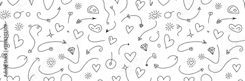 Seamless pattern with hand drawn black ink doodles of hearts arrows diamonds suns and abstract shapes on a white background