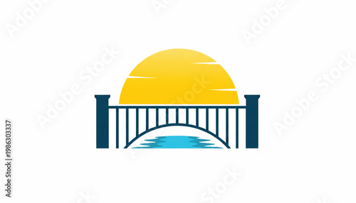 Bridge icon with yellow sun dome and blue river water beneath, flat vector style for web and app UI featuring sunrise, skyline, architecture with