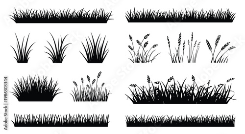 Collection of black silhouettes featuring various grass patches wheat stalks and meadow plants isolated on a white background