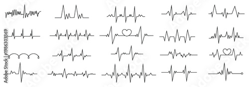 Collection of black heart rate monitor lines and e k g pulse waves on a white background featuring various rhythmic patterns and heart symbol shapes for medical diagnostic visualization