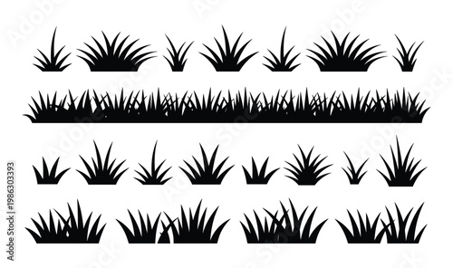 Collection of black grass silhouettes featuring various patches and long lawn borders isolated on a white background for