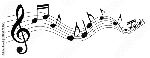 Black treble clef and various musical notes on a flowing five line musical staff isolated on a white background