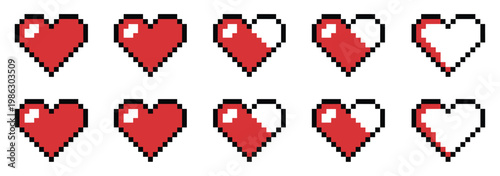 Pixel heart in various stages of fullness arranged in two rows on a white background showing full hearts and partially filled health indicators for retro games