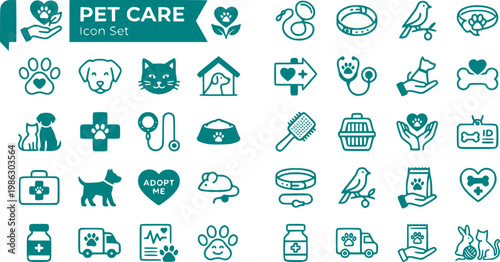 Pet Care Icons Set Animals Badges Heart Designs Animal Welfare Adoption Services Pet Love Animal Rescue Vector Illustration