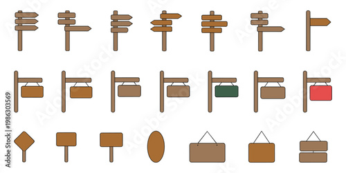 Set of twenty flat featuring various wooden signposts and hanging boards with brown and colorful rectangular oval and diamond shapes on white background