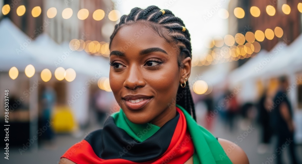 Naklejka premium Young African American woman with braided hair wearing red black and green scarf at street festival. Celebrating Juneteenth and Black history culture. Cinematic outdoor portrait.
