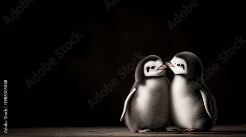 Two penguins on black background with space for text. Charming card for St.Valentine Day, wedding invitation, love and kids related concepts
