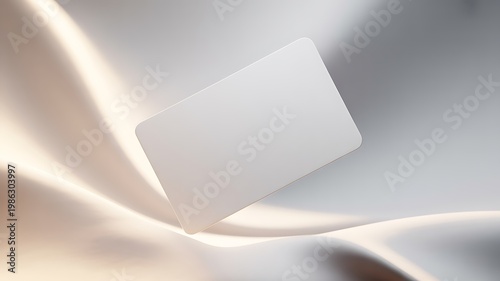 Blank white card on smooth silk fabric background with soft folds and warm lighting