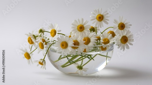 Fresh daisies in a clear glass vase on a white background simple floral arrangement with white petals and yellow centers