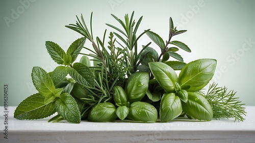 Fresh herbs bunch on white table basil rosemary thyme mint leaves green background culinary ingredients