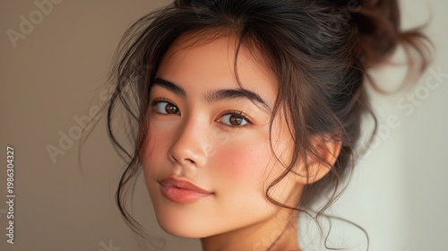 Portrait of a woman with natural makeup and radiant skin, soft background and cinematic close-up lighting.