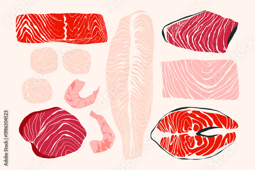 Vintage seafood products. Sea fish and shellfish, salmon steak shrimp tuna codfish scallop, healthy food grocery ingredients for restaurant, promotion market store flyer. Vector set