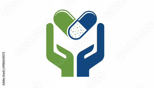 Hand medical care icon with cross showing capsule and healthcare treatment concept in green and blue