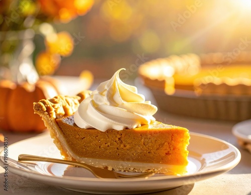 Delicious slice of homemade pumpkin pie generously topped with fluffy whipped cream, elegantly served on a white plate with a golden fork under warm autumn sunlight