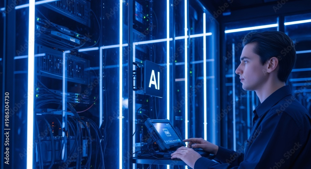 Fototapeta premium Intelligent engineer working on artificial intelligence server in data center. AI concept for future innovative technology of computing and cybersecurity.