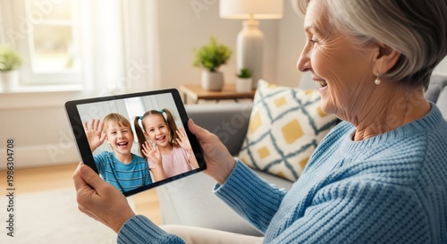 Senior woman having video call on tablet with happy grandchildren. Modern technology for family connection, distance communication and social interaction.