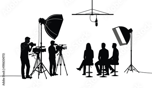A black silhouette depicts a television studio setup with cameras lights and seated guests showcasing a media production scene silhouette high quality professional detailed