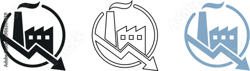 Industrial crisis and factory shutdown concept icons with downward arrow