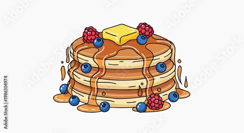 A colorful illustration of a stack of pancakes with butter, syrup, blueberries, and raspberries on top.