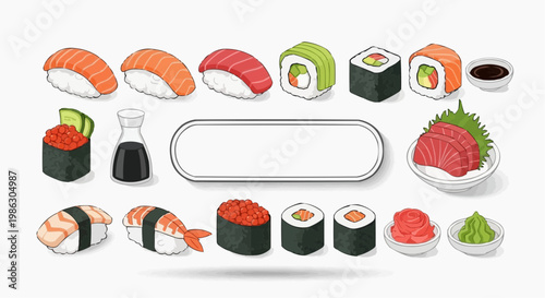 A colorful vector graphic illustration of various sushi rolls and sashimi pieces with soy sauce and wasabi