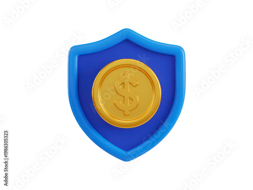 Secure Financial Shield with Golden Dollar Coin 3D Render for Banking and Investment App Isolated on Transparent Background