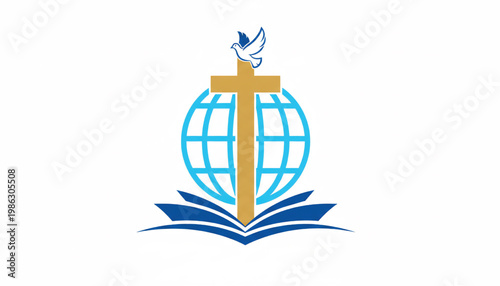Globe cross dove icon with blue rings and open book wings for faith and Christian branding featuring spirituality, church, religion with gospel and