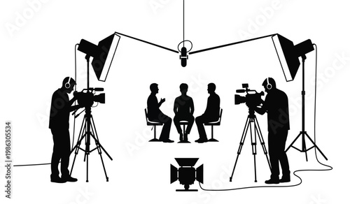 A black silhouette depicts a television studio setup with cameras lights a host and guests capturing a dynamic interview scene silhouette high quality professional