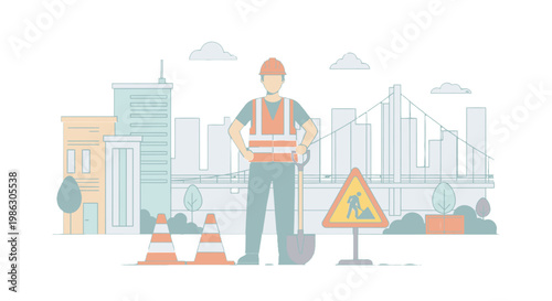 Construction worker standing in front of cityscape with roadwork signs.