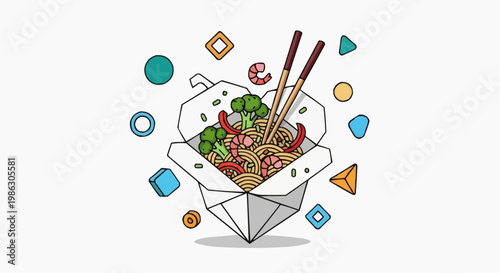 A colorful vector illustration of a takeout container filled with noodles and vegetables, surrounded by geometric shapes.