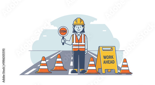 Road worker directing traffic with cones.