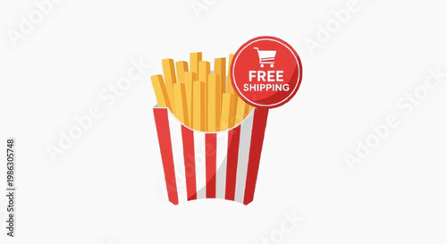 A vector graphic illustration of french fries in a red container with a free shipping badge