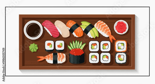 A colorful vector illustration of various sushi pieces on a wooden tray