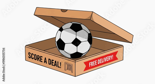 A vector graphic illustration of a soccer ball in a cardboard box with a promotional message