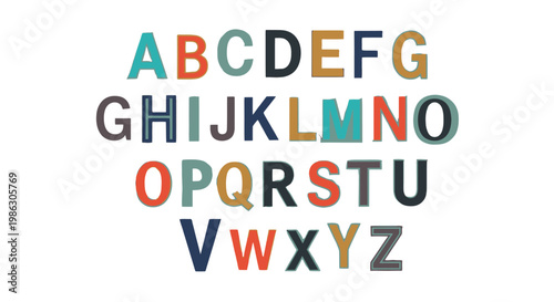 Colorful uppercase alphabet letters in a playful font for education, isolated white background.