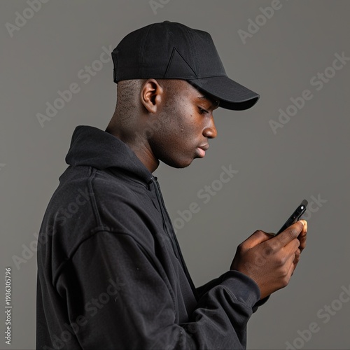 ​A side profile portrait of a young Black man wearing a black hoodie and a black baseball cap, holding and looking at a smartphone
